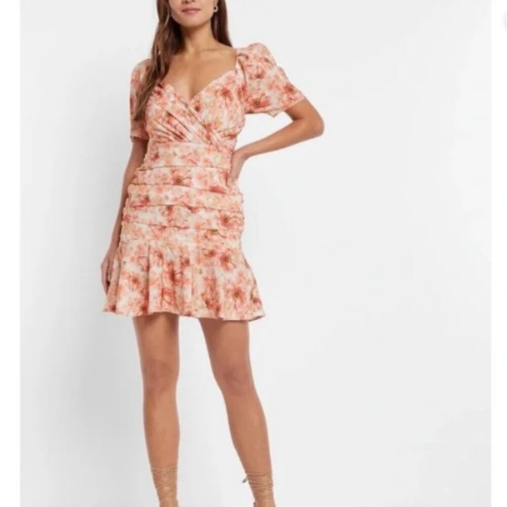 EXPRESS floral tiered ruffle puffed sleeves mini dress -Orange SIZE 2